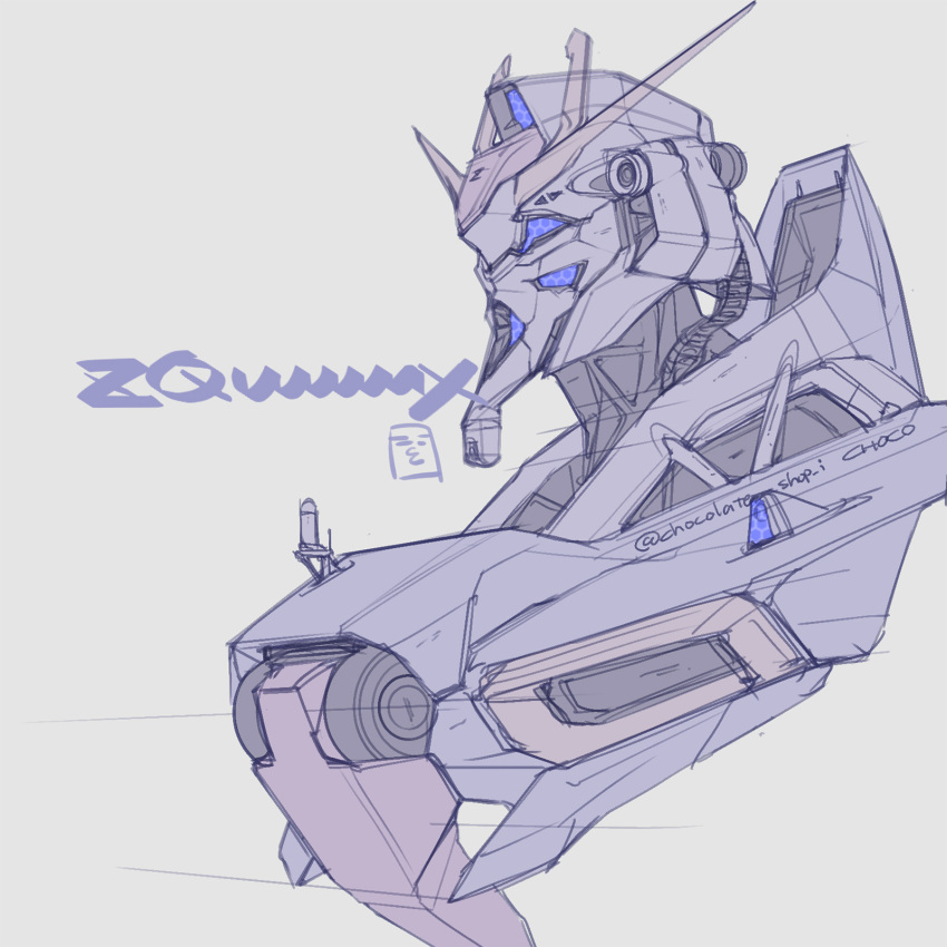 artist_name choco_(chocolate_shop) commentary_request english_text gundam gundam_gquuuuuux highres mecha mecha_focus mobile_suit no_humans parody purple_eyes redesign robot science_fiction sketch style_parody twitter_username v-fin white_background yamashita_ikuto_(style) zeta_gundam zeta_gundam_(mobile_suit)