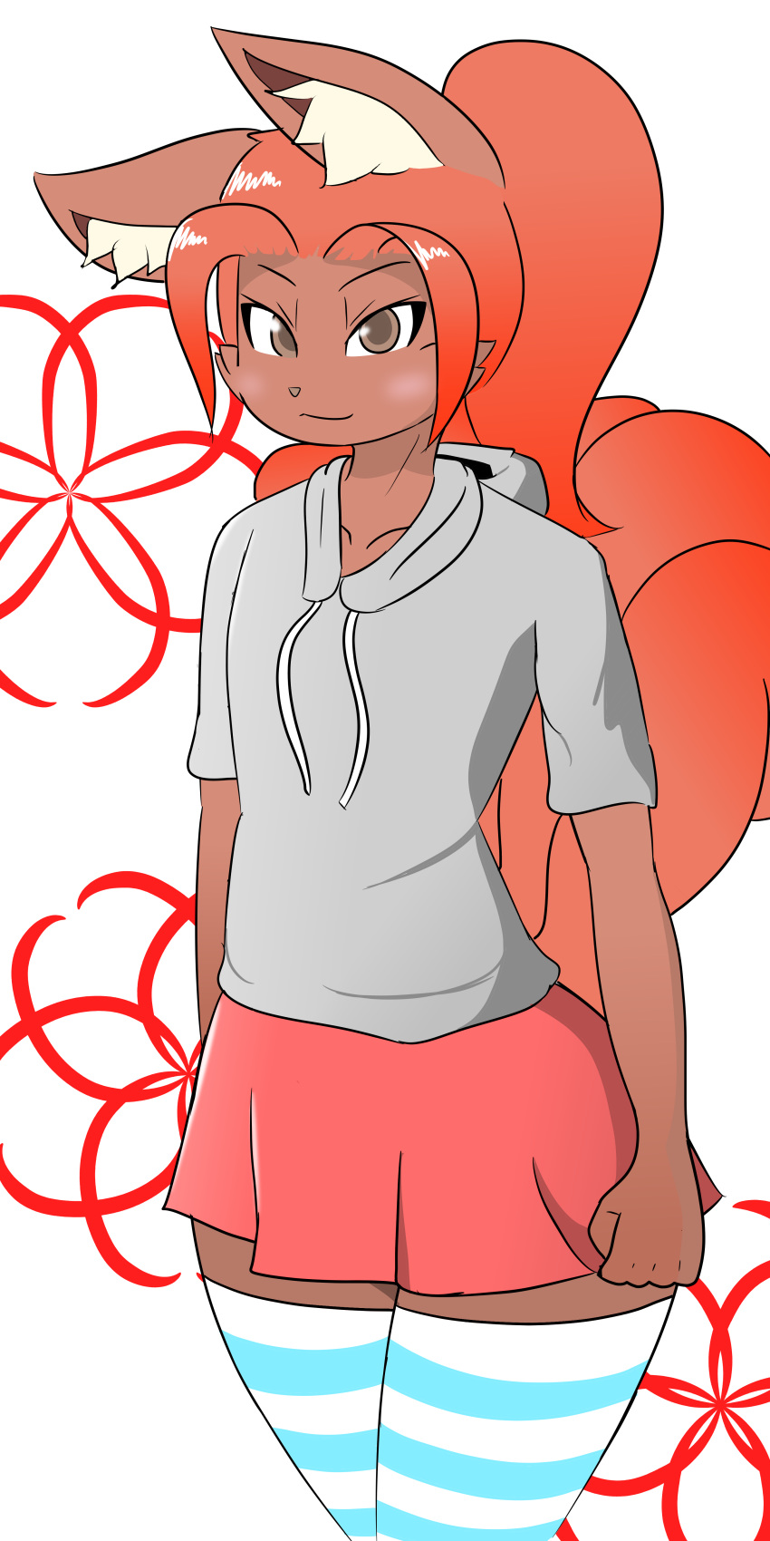 5_fingers absurd_res anthro anthrofied blush brown_eyes brown_fur brown_nose canid canine clothed clothing female fingers fully_clothed fur hair hi_res hoodie inner_ear_fluff legwear looking_at_viewer mammal nintendo pok&eacute;mon pok&eacute;mon_(species) pok&eacute;morph red_hair skirt standing thigh_highs tonytoran video_games vulpix wide_hips