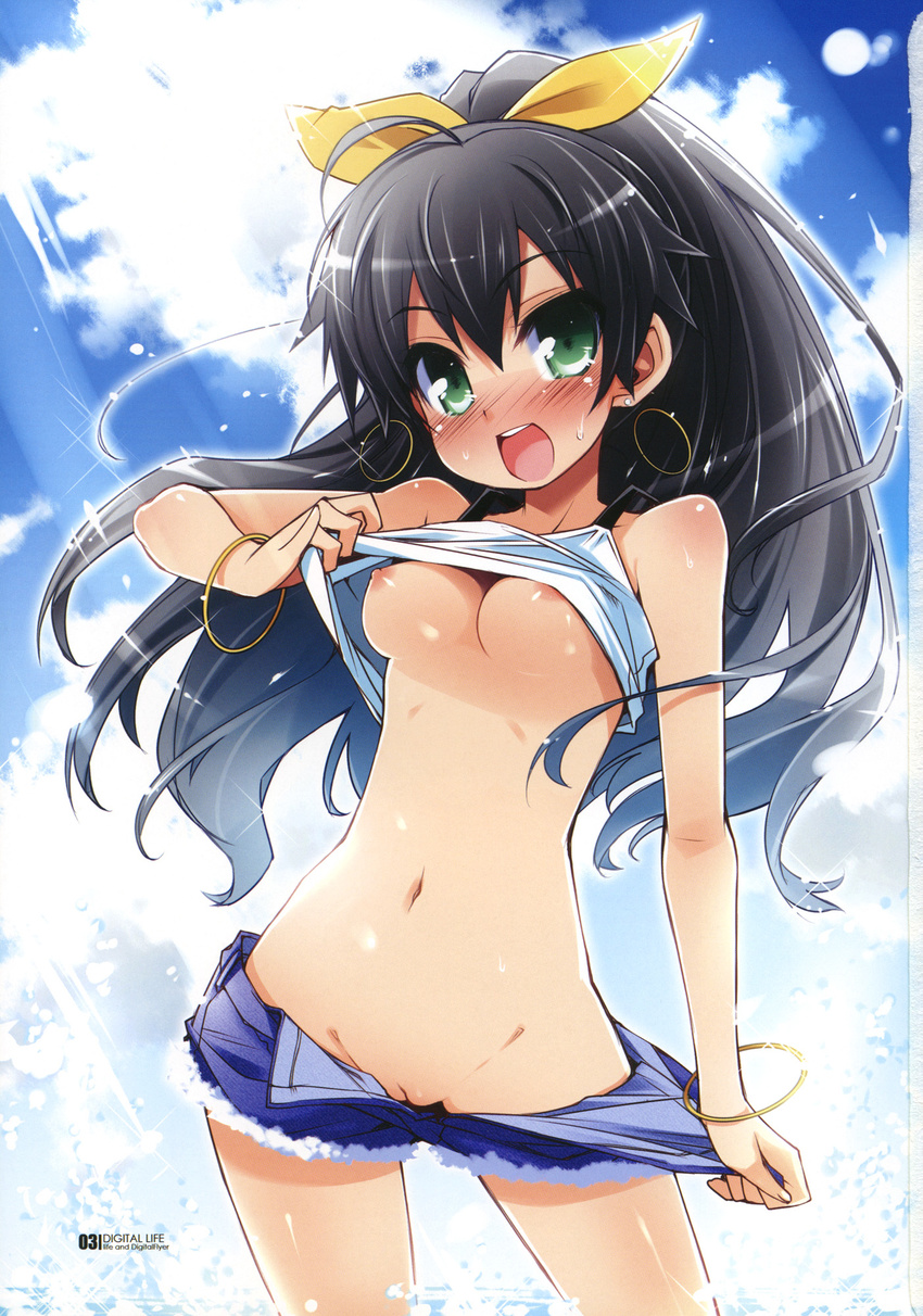 black_hair blush breasts denim denim_shorts ganaha_hibiki green_eyes haga_yui highres idolmaster idolmaster_(classic) jewelry medium_breasts navel nipples pinky_out pulled_by_self pussy shirt_lift shorts shorts_pull solo