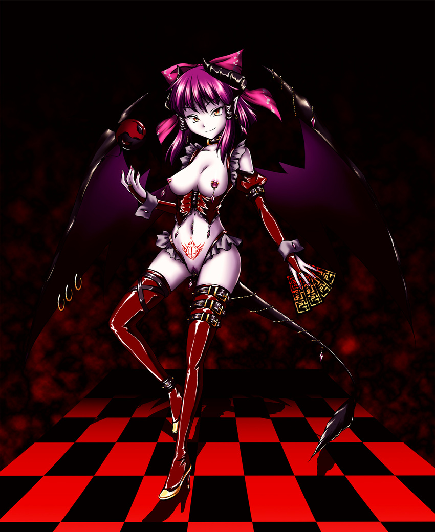 &gt;:) boots bow breasts clitoris_piercing corset cross dark_persona demon_girl detached_sleeves earrings elbow_gloves fingerless_gloves frills gloves hair_bow hakurei_reimu high_heels highres horns inverted_cross jewelry lingerie medium_breasts nipple_piercing nipples ofuda pale_skin panties piercing pubic_hair purple_hair pussy shoes slit_pupils smile solo tail thigh_boots thighhighs thong touhou underwear v-shaped_eyebrows wings yellow_eyes yuzu_momo