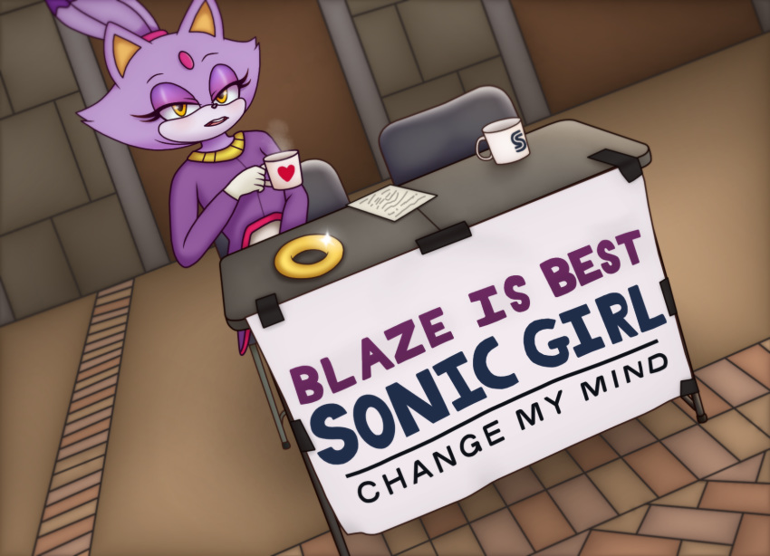 2019 anthro bedroom_eyes beverage blaze_the_cat blush breasts chair clothed clothing coffee coffee_cup colored digital_media_(artwork) dutch_angle english_text es74 eyelashes eyeshadow felid feline female front_view fur gloves hair half-closed_eyes hi_res holding_object looking_at_viewer makeup mammal meme open_mouth outside purple_fur seductive sign sitting smile solo sonic_(series) table teeth text video_games white_fur yellow_eyes