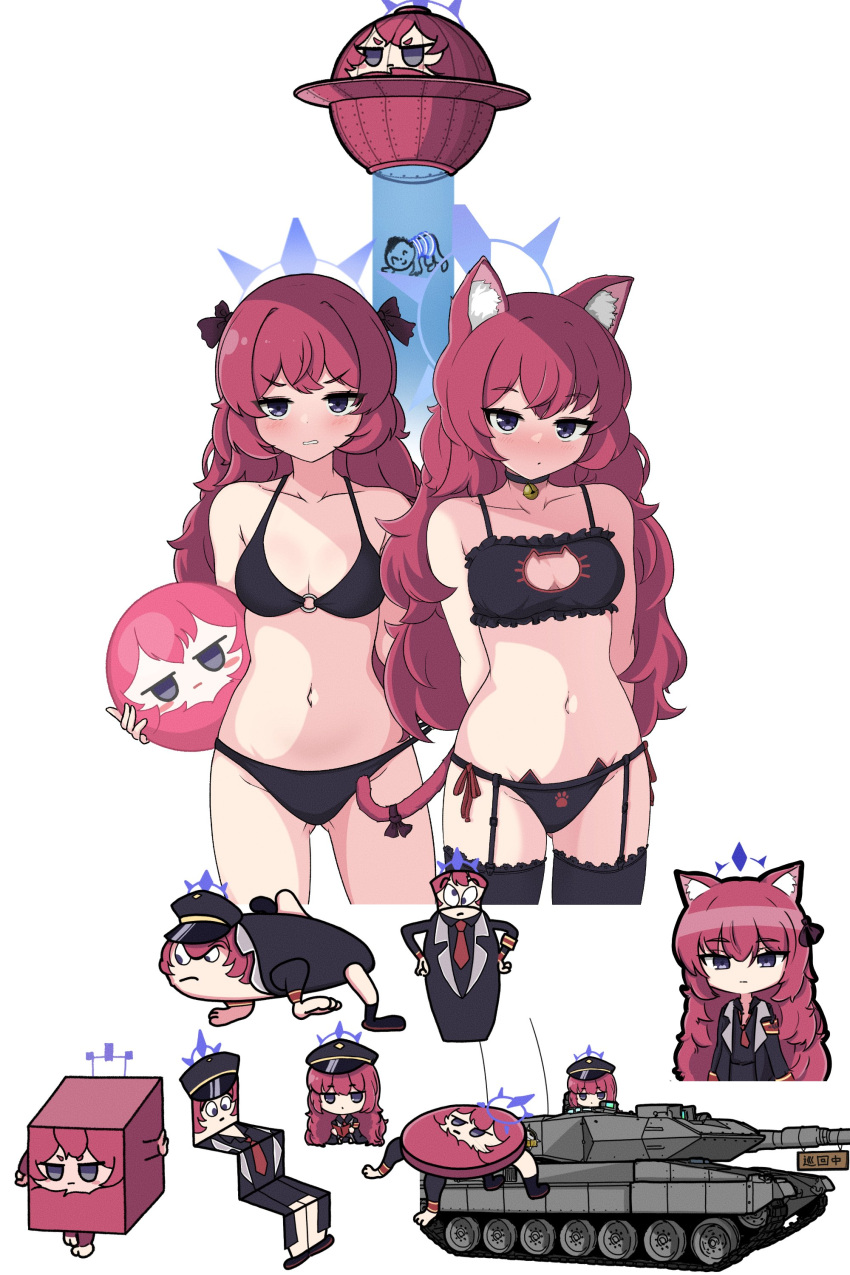 1girl absurdres animal_ear_fluff animal_ears armband ball bell bikini black_bikini black_bra black_choker black_headwear black_jacket black_panties blue_archive blush book bra breasts cat_cutout cat_ear_panties cat_ears cat_girl cat_lingerie cat_tail chibi choker cleavage_cutout clenched_teeth closed_mouth clothing_cutout collarbone cube frilled_bra frills grey_eyes ground_vehicle halo hat highres holding holding_ball holding_book hrna iroha_(blue_archive) jacket jingle_bell lingerie long_hair long_sleeves looking_at_viewer meme_attire metal_slug military military_hat military_vehicle motor_vehicle navel neck_bell necktie o-ring o-ring_bikini objectification panties parody parted_lips paw_print peaked_cap red_hair red_necktie side-tie_panties simple_background solo standing swimsuit table tail tank teeth thighhighs tom_and_jerry ufo underwear underwear_only white_background