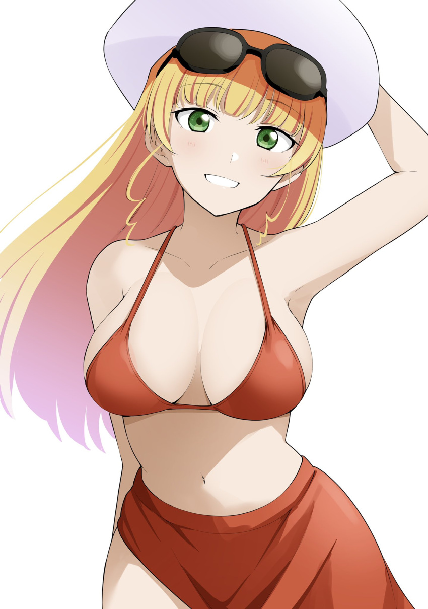 1girl arm_up barkhorn0331 bikini blonde_hair breasts eyewear_on_head green_eyes hand_on_headwear hat heanna_sumire highres holding holding_clothes holding_hat large_breasts long_hair looking_at_viewer love_live! love_live!_superstar!! navel red_bikini red_sarong sarong smile solo sun_hat sunglasses swimsuit teeth white_background white_headwear