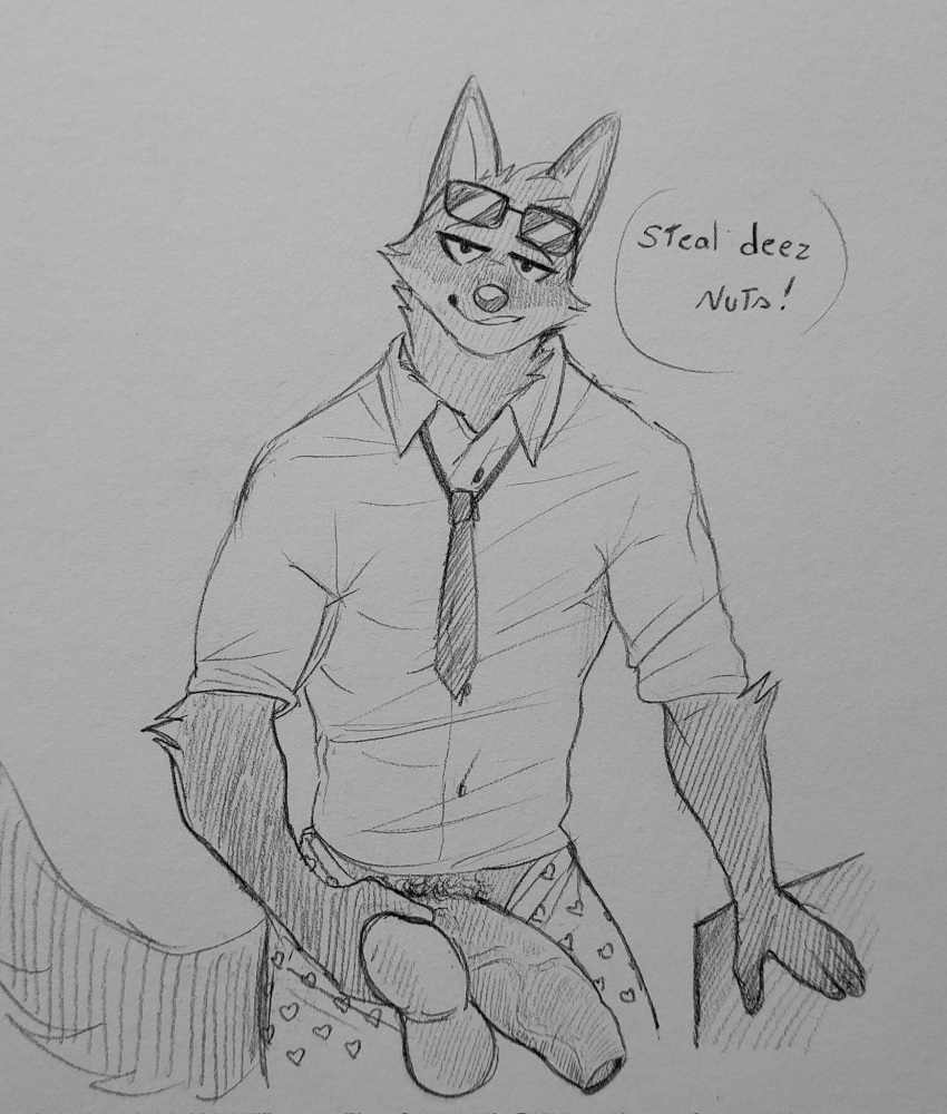 anthro balls big_penis black_and_white canid canine canis clothed clothing dialogue dreamworks eyewear eyewear_on_head foreskin genitals half-erect heart_clothing hi_res lewd_bunnie male mammal monochrome mr._wolf_(the_bad_guys) necktie partially_clothed penis presenting presenting_penis pubes sketch solo sunglasses sunglasses_on_head the_bad_guys thick_penis underwear underwear_down wolf