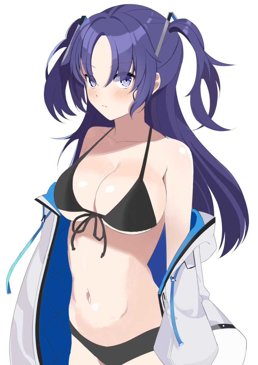 1girl bangs bare_shoulders bikini black_bikini blue_archive blush breasts cleavage closed_mouth collarbone commentary_request front-tie_bikini front-tie_top highres jacket long_hair long_sleeves looking_at_viewer medium_breasts navel off_shoulder open_clothes open_jacket parted_bangs puffy_long_sleeves puffy_sleeves purple_eyes purple_hair simple_background solo swimsuit two_side_up very_long_hair white_background white_jacket yama_otoko yuuka_(blue_archive)