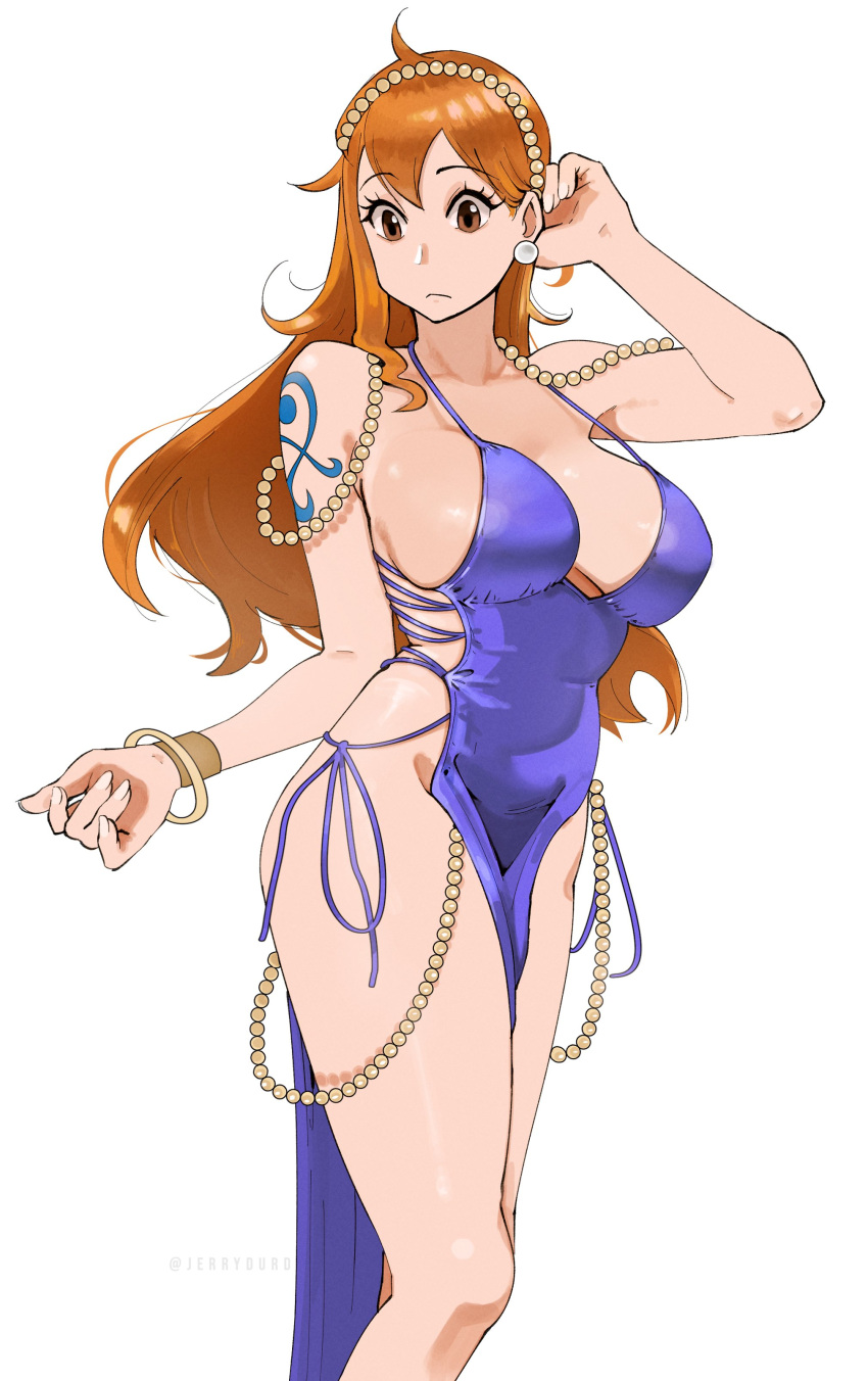 1girl absurdres arm_tattoo bracelet breasts brown_eyes closed_mouth dress earrings highres jewelry joy_boy large_breasts long_hair nami_(one_piece) no_panties one_piece orange_hair purple_dress sideless_outfit simple_background solo tattoo white_background