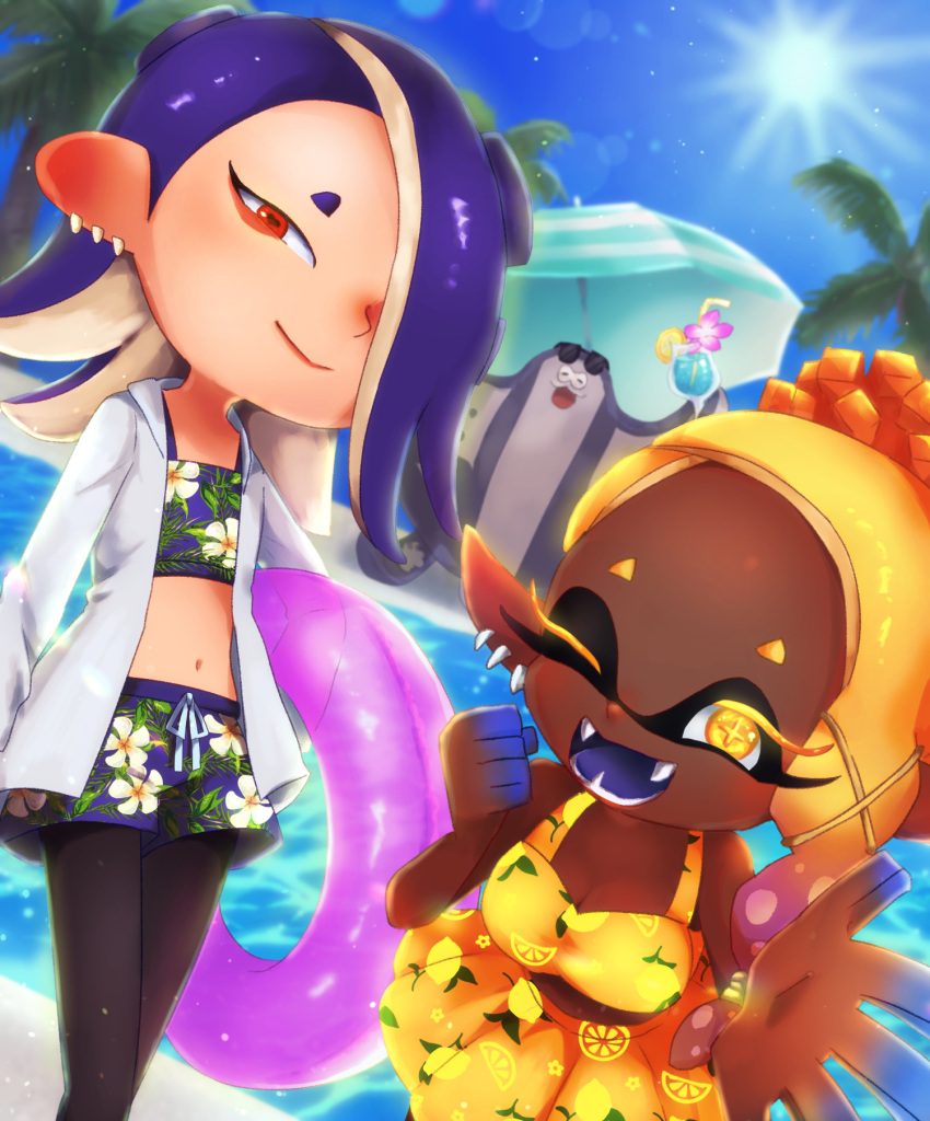 1boy 1girl 1other ;d alternate_costume big_man_(splatoon) bikini bikini_shorts bikini_skirt black_pantyhose blonde_hair blue_sky breasts cephalopod_eyes clear_sky cleavage clenched_hand closed_mouth colored_eyelashes colored_skin colored_tongue cross-shaped_pupils cup dark-skinned_female dark_skin day drink drinking_glass drinking_straw earrings eyeliner eyewear_on_head fangs floral_print food food_on_head forehead frye_(splatoon) gradient_skin hair_over_one_eye highres holding holding_drink horizontal_pupils innertube jewelry lemon_print lens_flare long_hair looking_at_viewer makeup manta_ray medium_breasts multicolored_hair multiple_earrings navel object_on_head octarian one_eye_closed outdoors palm_tree pantyhose pink_innertube pointy_ears pool poolside purple_bikini purple_hair purple_skin purple_tongue red_eyeliner red_eyes red_skin ricco_(pixiv74946264) shiver_(splatoon) shorts sky smile splatoon_(series) splatoon_3 striped_umbrella suction_cups sun sunglasses swimsuit teeth tempura tentacle_hair tree two-tone_hair umbrella water yellow_bikini yellow_eyes yellow_pupils