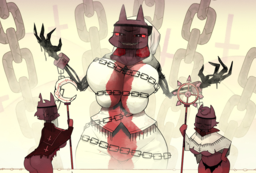3_eyes anthro aym_(cult_of_the_lamb) baal_(cult_of_the_lamb) big_breasts breasts butt cape chain chained clothed clothing cuff_(restraint) cult_of_the_lamb digital_media_(artwork) female female/female group hair hi_res hood huge_breasts looking_at_viewer multi_eye nude red_eyes restraints robe scar sharp_teeth sinensian smile teeth the_one_who_waits trio under_boob veil video_games