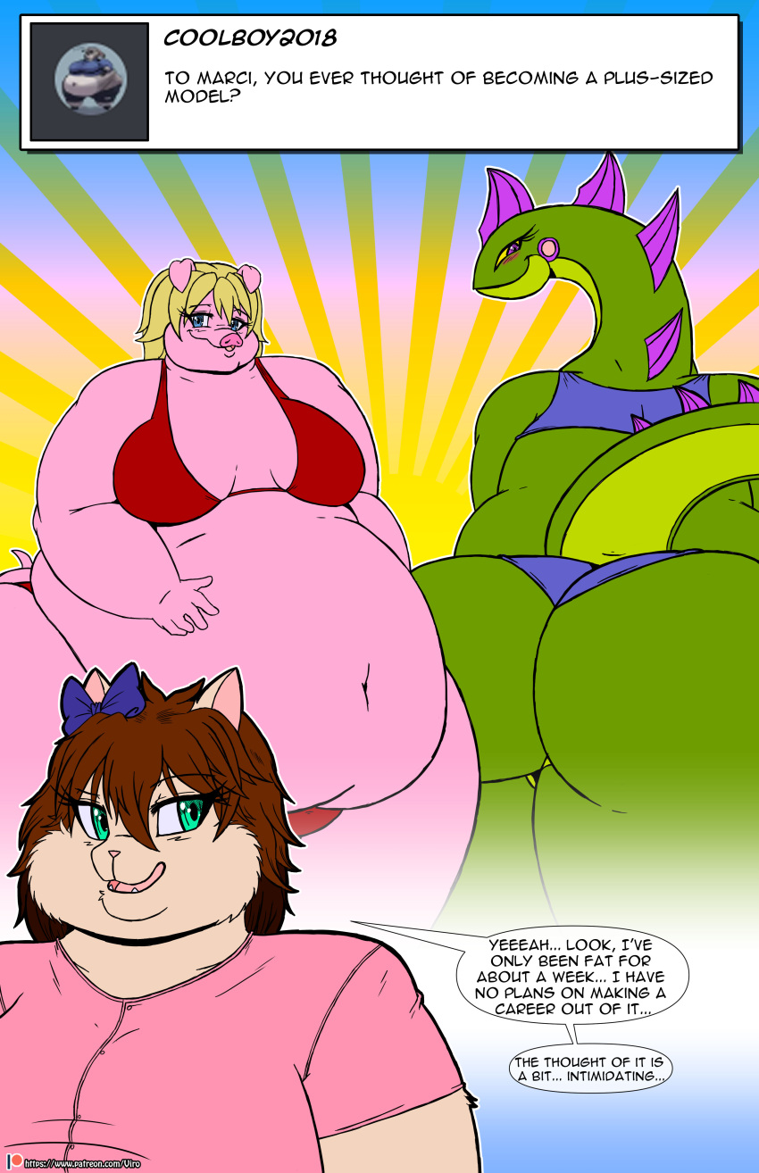 2019 absurd_res accessory anthro ask_blog belly big_belly big_breasts big_butt bikini blonde_hair blue_eyes blush bow_ribbon breasts brown_hair butt clothing deep_navel digital_media_(artwork) dinosaur domestic_cat domestic_pig dress_shirt english_text felid feline felis female group hair hair_accessory hair_bow hair_ribbon hand_on_stomach hi_res huge_breasts if_hell_had_a_taste mammal marci_hetson message morbidly_obese morbidly_obese_anthro morbidly_obese_female musical_note navel obese obese_anthro obese_female open_mouth overweight overweight_anthro overweight_female purple_eyes reptile ribbons scales scalie shirt speech_bubble suid suina sus_(pig) swimwear teal_eyes text topwear trio user_avatar user_message username viroveteruscy yellow_sclera