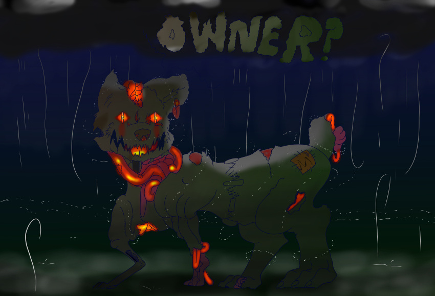 absurd_res canid canine canis domestic domestic_dog frankenstein glowing hi_res mammal raining rotting undead zombie