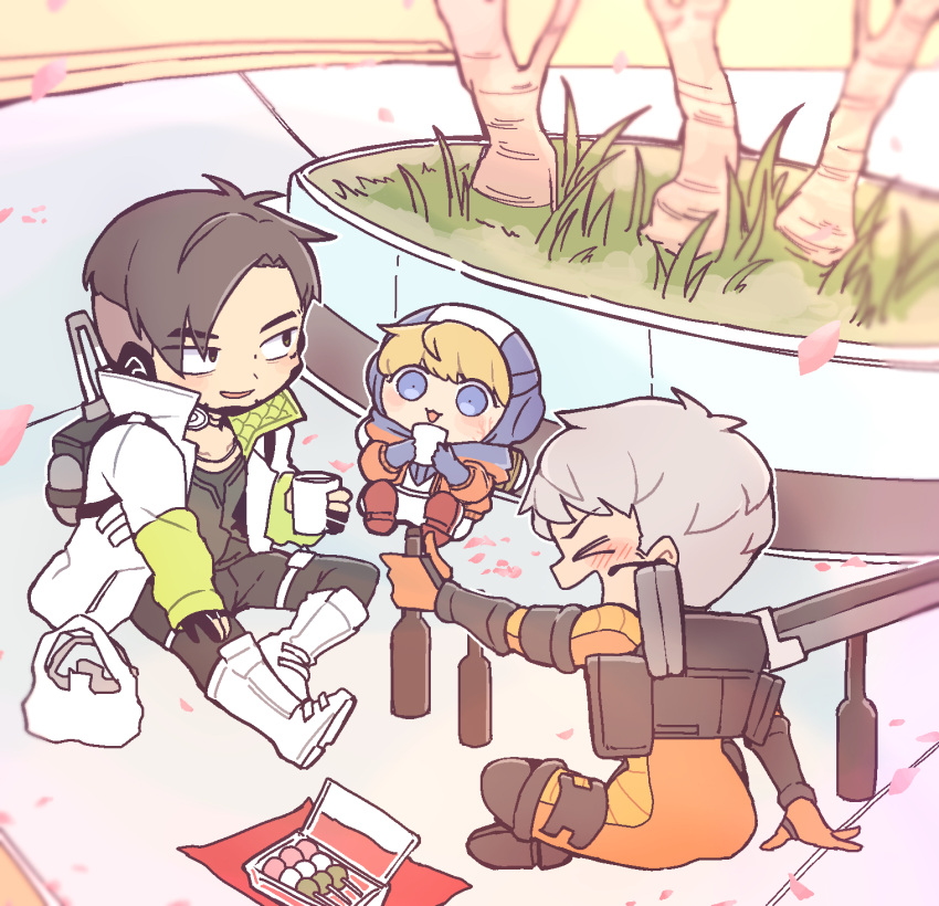 &gt;_&lt; 1boy 2girls animification apex_legends black_eyes black_hair blonde_hair blue_bodysuit blue_eyes blue_gloves blue_headwear bodysuit boots burn_scar chibi crypto_(apex_legends) dango food gloves grey_hair highres hood hooded_jacket jacket jetpack metal_boots multiple_girls nojima_minami orange_bodysuit orange_gloves orange_jacket ribbed_bodysuit sanshoku_dango scar shoes short_hair sitting sneakers thigh_boots valkyrie_(apex_legends) wagashi wattson_(apex_legends) white_bodysuit white_footwear white_jacket