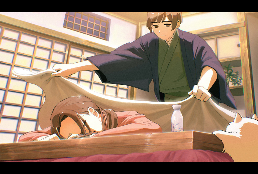 2boys age_progression architecture axis_powers_hetalia blue_jacket bottle china_(hetalia) chinese_clothes dog east_asian_architecture green_kimono highres jacket japan_(hetalia) japanese_clothes kimono kotatsu long_hair multiple_boys night pcpc_onaka pochi_(hetalia) ponytail red_jacket sake_bottle sky sleeping sliding_doors smile table tucking_in yukata