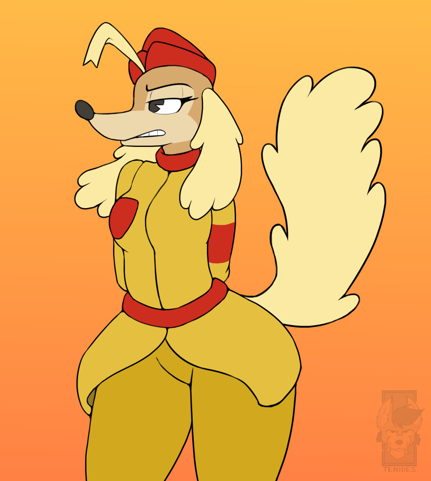 absurd_res brown_body brown_fur canid canine canis clothing cuphead_(character) cuphead_(game) domestic_dog female fur hi_res looking_away mammal pilot_saluki_(cuphead) pilot_uniform raised_tail simple_background tenides uniform video_games