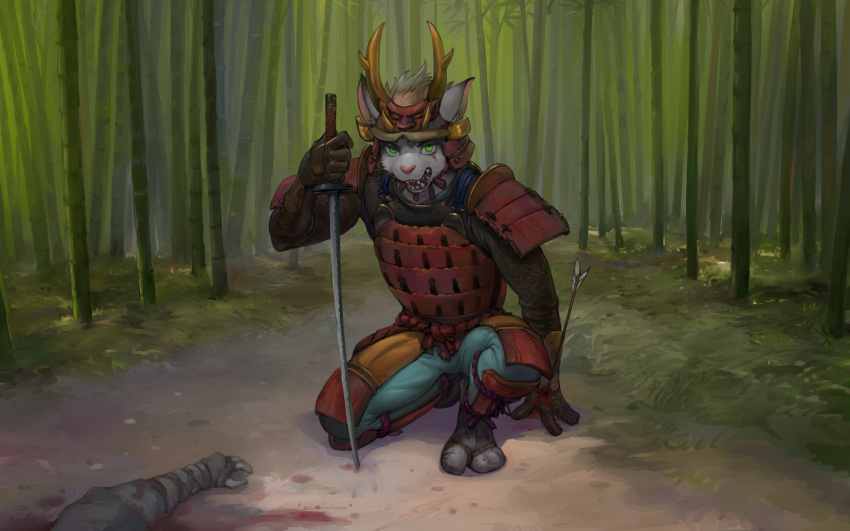 16:10 anthro armor arrow_(weapon) bamboo bamboo_forest biped blood bodily_fluids clothed clothing digital_drawing_(artwork) digital_media_(artwork) felid forest fur green_eyes grey_body grey_fur hi_res katana kneeling looking_at_viewer male mammal melee_weapon pantherine plant ranged_weapon ronnydie samurai_armor scar snarling solo sword tiger tree weapon widescreen wounded