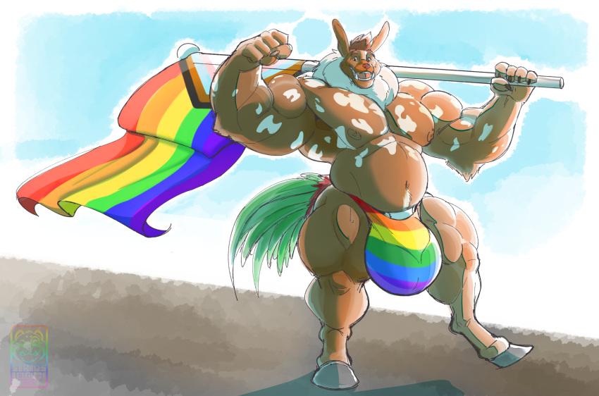 2020 5_fingers anthro big_bulge big_muscles brown_body brown_fur brown_hair bulge chimera clothing fangs fingers fist flag flexing_bicep fur genital_outline hair hi_res holding_flag holding_object hooves huge_bulge lgbt_pride looking_at_viewer male multicolored_clothing multicolored_underwear musclegut muscular muscular_anthro muscular_male navel on_one_leg open_mouth pecs pink_tongue pride_color_clothing pride_color_flag pride_colors rainbow_clothing rainbow_underwear sabertooth_(anatomy) sheath_outline siriusdog solo spots standing teeth tongue underwear villam_(randsom) white_spots