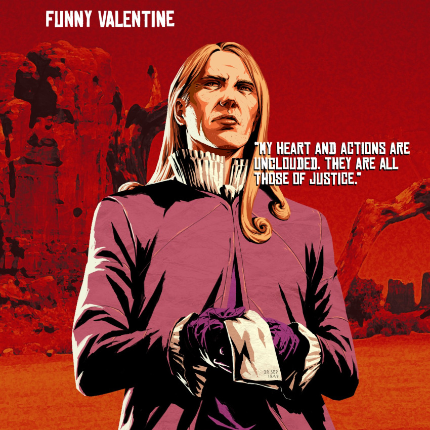 1boy blonde_hair brown_eyes character_name closed_mouth english_text eyyobrar funny_valentine gloves highres holding jacket jojo_no_kimyou_na_bouken long_hair long_sleeves looking_away male_focus napkin pink_jacket purple_gloves red_background red_dead_redemption solo steel_ball_run upper_body