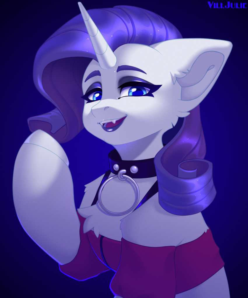 absurd_res big_ears blue_eyes chest_tuft clothing collar digital_media_(artwork) equid equine eyebrows eyeshadow fangs female feral friendship_is_magic fur hair half-closed_eyes hasbro hi_res hooves horn lipstick makeup mammal my_little_pony narrowed_eyes purple_hair raised_hoof rarity_(mlp) signature topwear tuft unicorn villjulie white_body white_fur