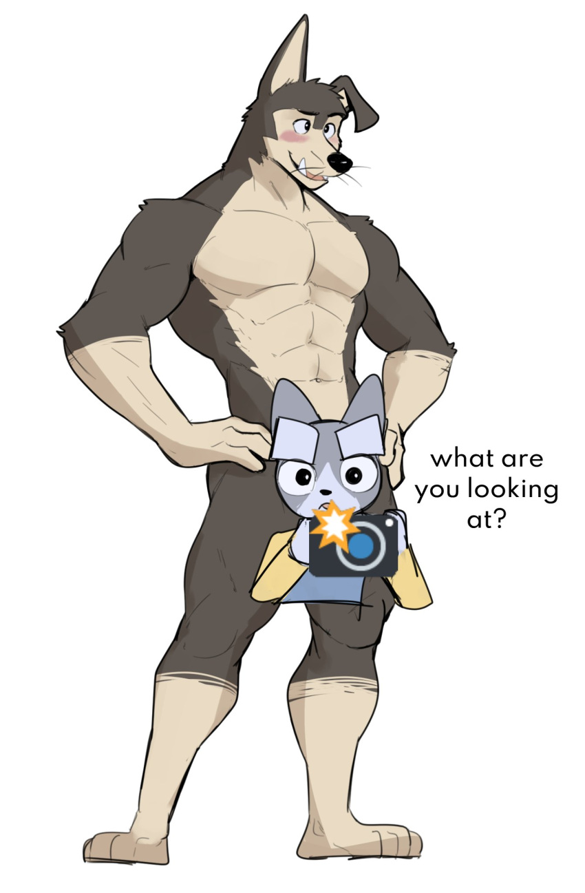 2022 4_toes abs anthro black_eyes black_nose blue_clothing blue_shirt blue_topwear blush buddy_thunderstruck_(character) buddy_thunderstruck_(series) camera canid canine canis censored clothing domestic_dog duo emoji eyebrows feet floppy_ears fur gloves_(marking) grey_body grey_fur guide_lines hi_res humor jrjresq leg_markings looking_at_viewer male mammal markings meme muscular muscular_anthro muscular_male nude open_mouth shirt smile socks_(marking) tan_body tan_fur tan_inner_ear thick_eyebrows toes topwear whiskers yellow_clothing yellow_shirt yellow_topwear