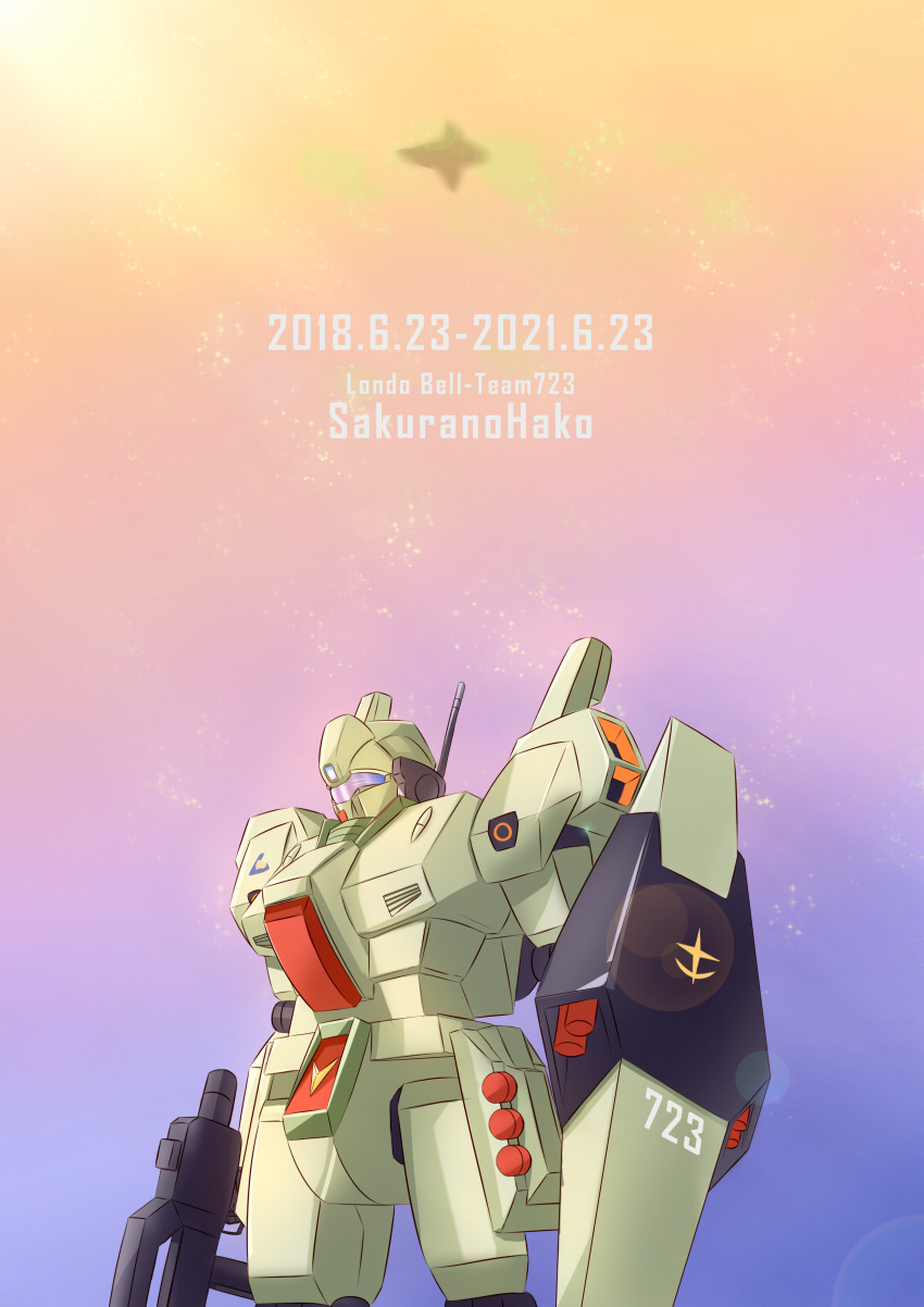 absurdres axis_(gundam) beam_rifle chinese_commentary energy_gun gun gundam gundam_unicorn highres holding holding_gun holding_shield holding_weapon jegan lens_flare looking_ahead mecha mobile_suit radio_antenna robot sakuranohako shield solo standing weapon