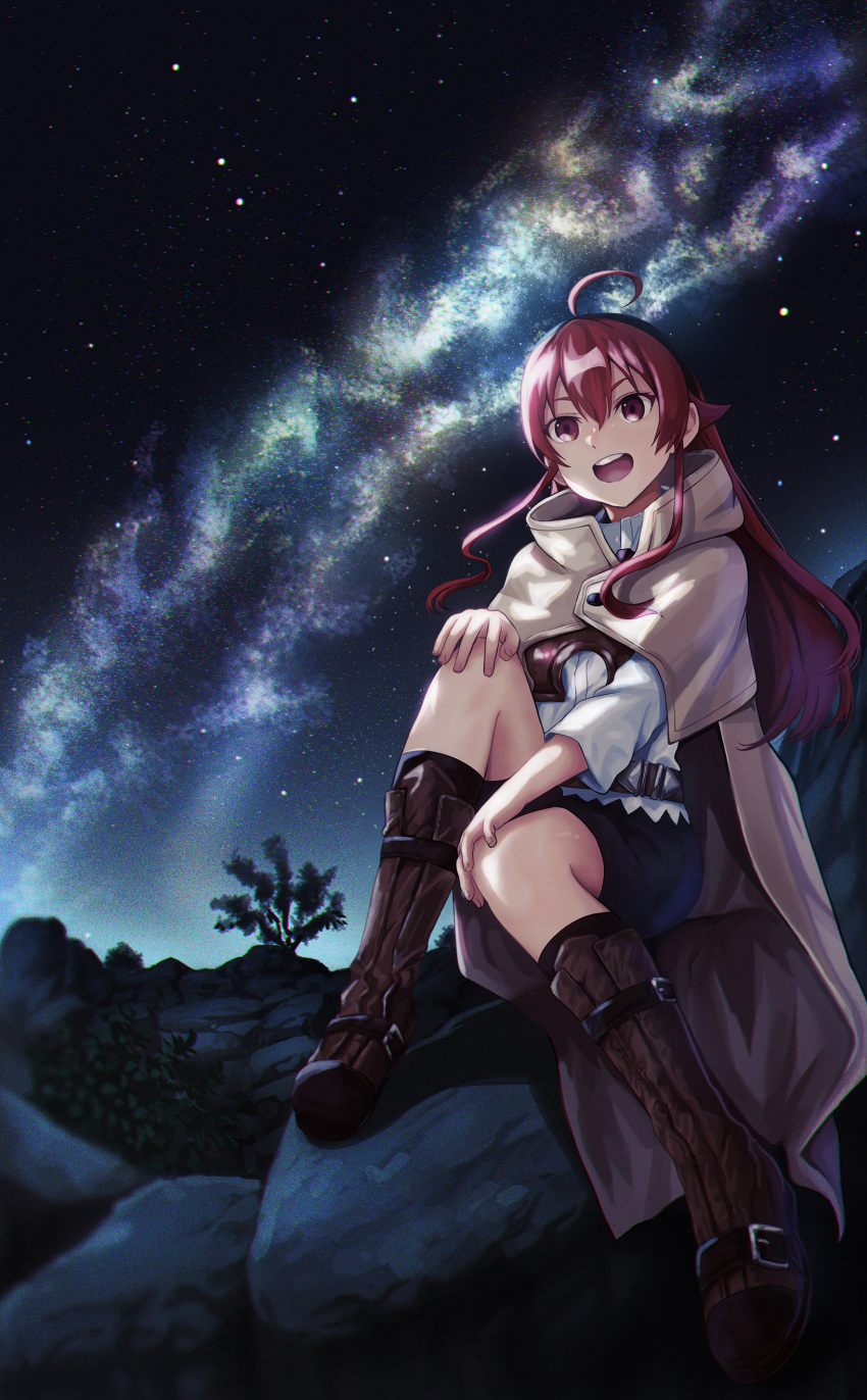 1girl :d absurdres ahoge bangs black_hairband black_shorts black_socks boots brown_footwear coat dress_shirt eris_greyrat full_body hair_between_eyes hairband hands_on_own_knees highres knee_boots konbanwa01 long_hair long_sleeves mushoku_tensei night open_mouth outdoors red_eyes red_hair shiny shiny_hair shirt short_shorts shorts sitting sky smile socks solo star_(sky) starry_sky very_long_hair white_shirt