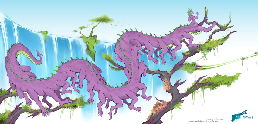 absurd_res action_pose anthro climbing climbing_tree cloud cloudscape dragon friendship_is_magic green_body green_hair hair hasbro hi_res hynvale leaf male multi_leg multi_limb my_little_pony nature plant pose purple_body scalie simple_background sky smile smirk solo spike_(mlp) taur text tree url water waterfall western_dragon what_has_science_done