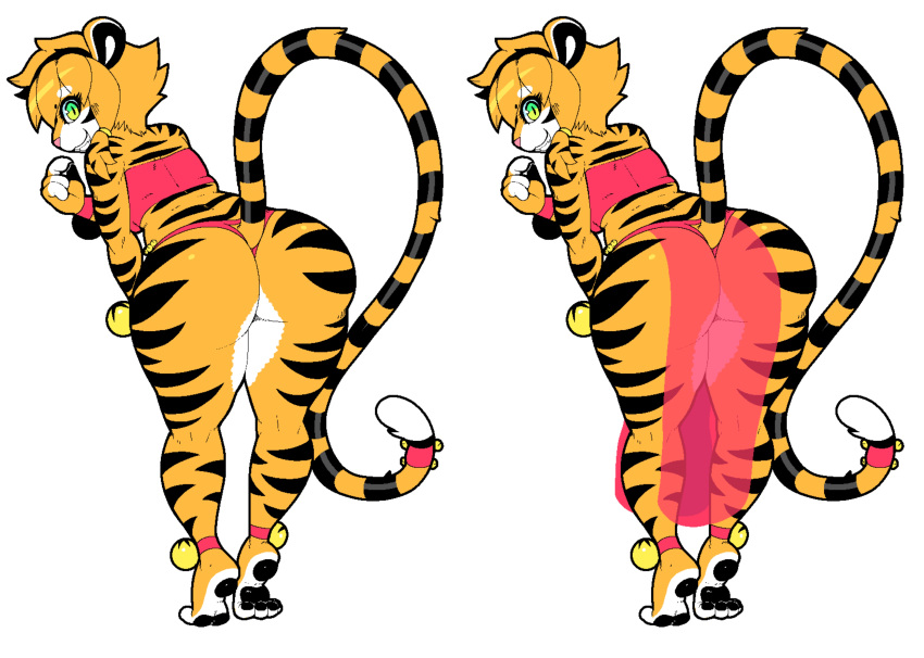 absurd_res anthro bell big_butt butt felid female fur green_eyes hi_res hypnofood long_tail mammal orange_body orange_fur pantherine sascha_(hypnofood) smile solo standing_on_toes striped_body striped_fur stripes tiger