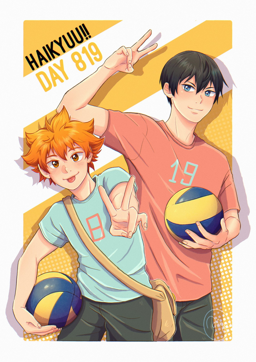 2boys :p ainudraws aqua_shirt black_hair blue_eyes closed_mouth english_text green_pants haikyuu!! highres hinata_shouyou kageyama_tobio male_focus multiple_boys numbered orange_eyes orange_hair pants red_shirt shirt short_hair smile tongue tongue_out v volleyball