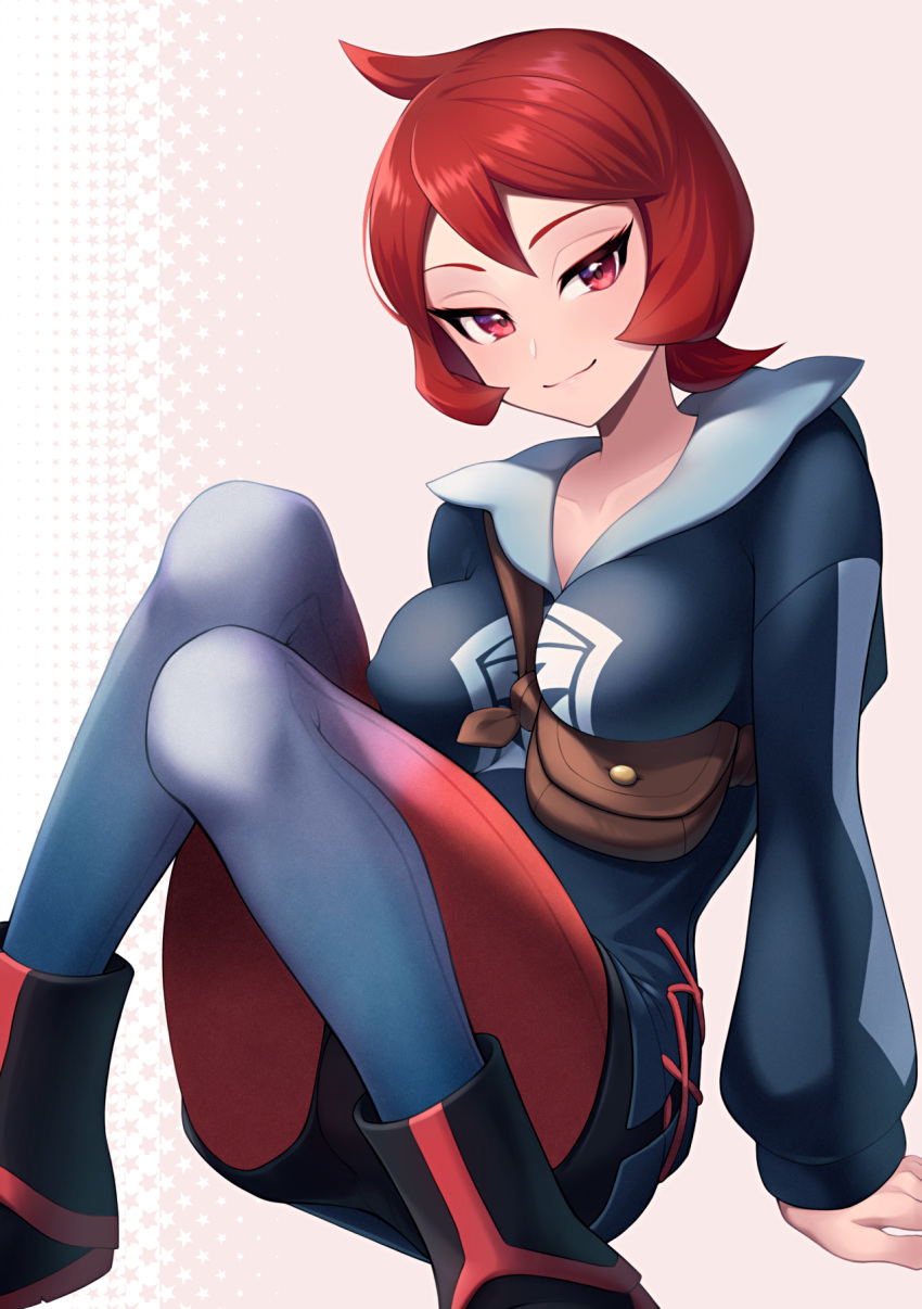 1girl ahoge arezu_(pokemon) arm_support bangs between_breasts black_footwear black_shorts blue_sweater blush boots breasts closed_mouth collarbone commentary covered_nipples grey_leggings half-closed_eyes happy highres knees_together_feet_apart knees_up leaning_back leggings light_blush long_sleeves looking_at_viewer maki_(letusgomaki) medium_breasts multicolored_leggings pink_background pokemon pokemon_(game) pokemon_legends:_arceus pouch red_eyes red_hair red_leggings shiny shiny_hair short_hair short_shorts shorts sidelocks simple_background sitting smile solo star_(symbol) strap_between_breasts sweater