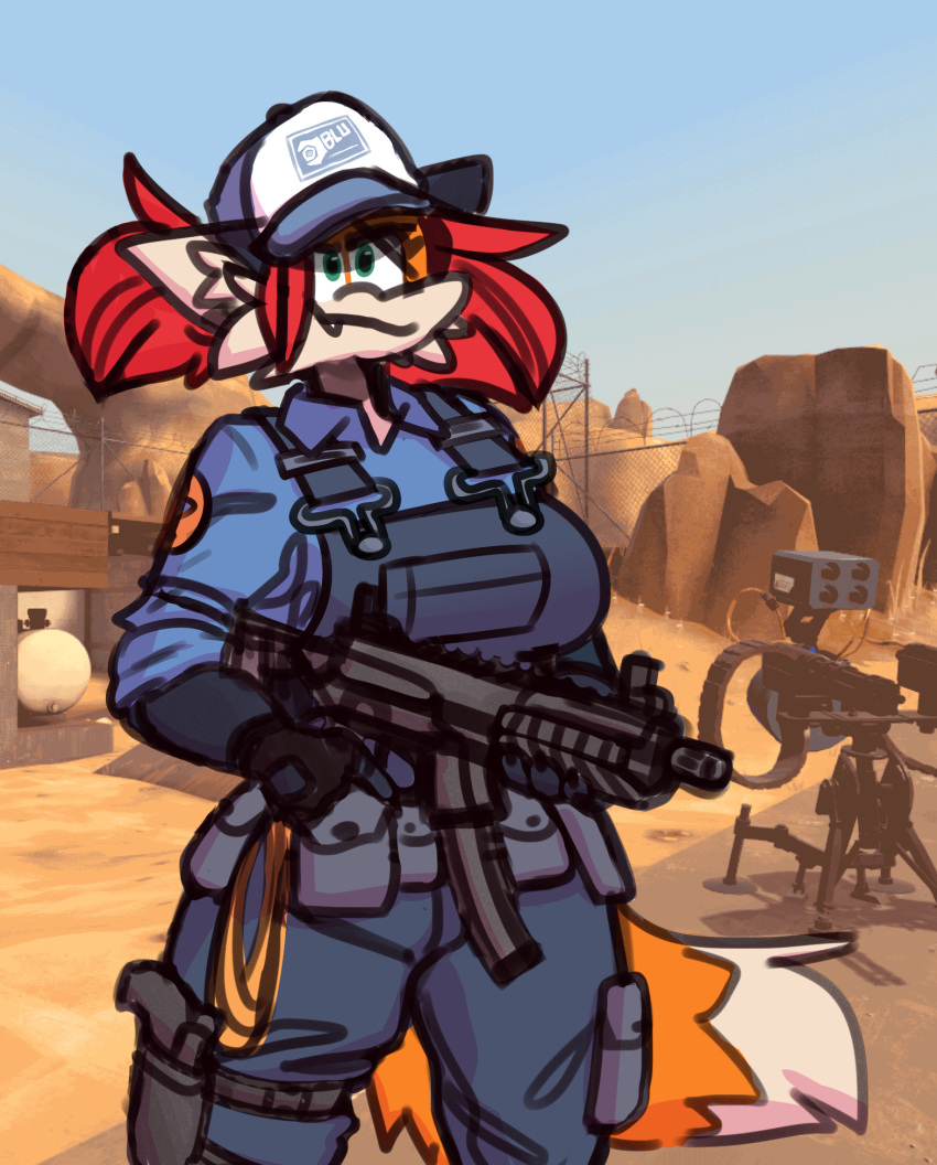 anthro canid canine clothing cute_fangs edit engineer_(team_fortress_2) female fox gun hair handgun hat headgear headwear hi_res mammal pepper_(sketchytoasty) pistol ranged_weapon red_hair screencap screencap_background sentry_gun_(team_fortress_2) shirt sketchytoasty solo team_fortress_2 tool_belt topwear uniform valve video_games weapon