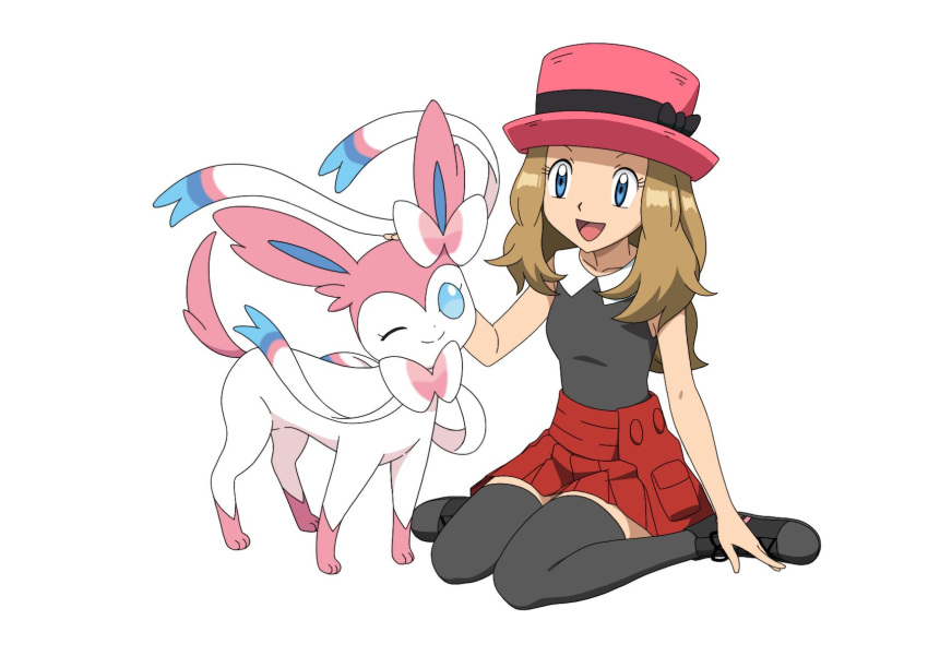 1girl :d black_thighhighs blue_eyes brown_hair collarbone commentary_request eyelashes hand_up happy hat highres ia_(ilwmael9) long_hair open_mouth pink_headwear pleated_skirt pokemon pokemon_(anime) pokemon_(creature) pokemon_xy_(anime) red_skirt serena_(pokemon) shirt shoes simple_background sitting skirt sleeveless sleeveless_shirt smile sylveon thighhighs tongue white_background
