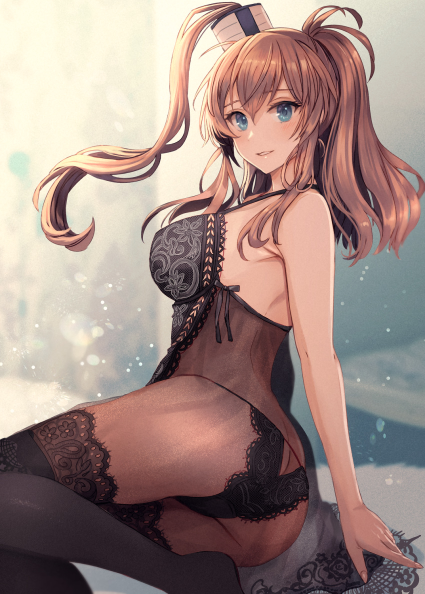1girl alternate_costume ass battle_effectiveness_award black_panties black_thighhighs blue_background blue_eyes blurry blurry_background breasts brown_hair butt_crack camisole hair_between_eyes hair_ornament highres kantai_collection kasumi_(skchkko) large_breasts light_particles lingerie lips negligee panties ponytail saratoga_(kancolle) see-through side_ponytail sidelocks sitting smile solo thighhighs underwear yellow_background