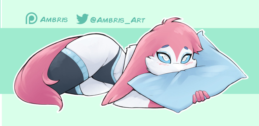 2022 ambris anthro blue_sclera blush clothing eeveelution female generation_6_pokemon hi_res legwear looking_at_viewer lying nintendo panties pillow pokemon pokemon_(species) shy solo sylveon thigh_highs underwear video_games