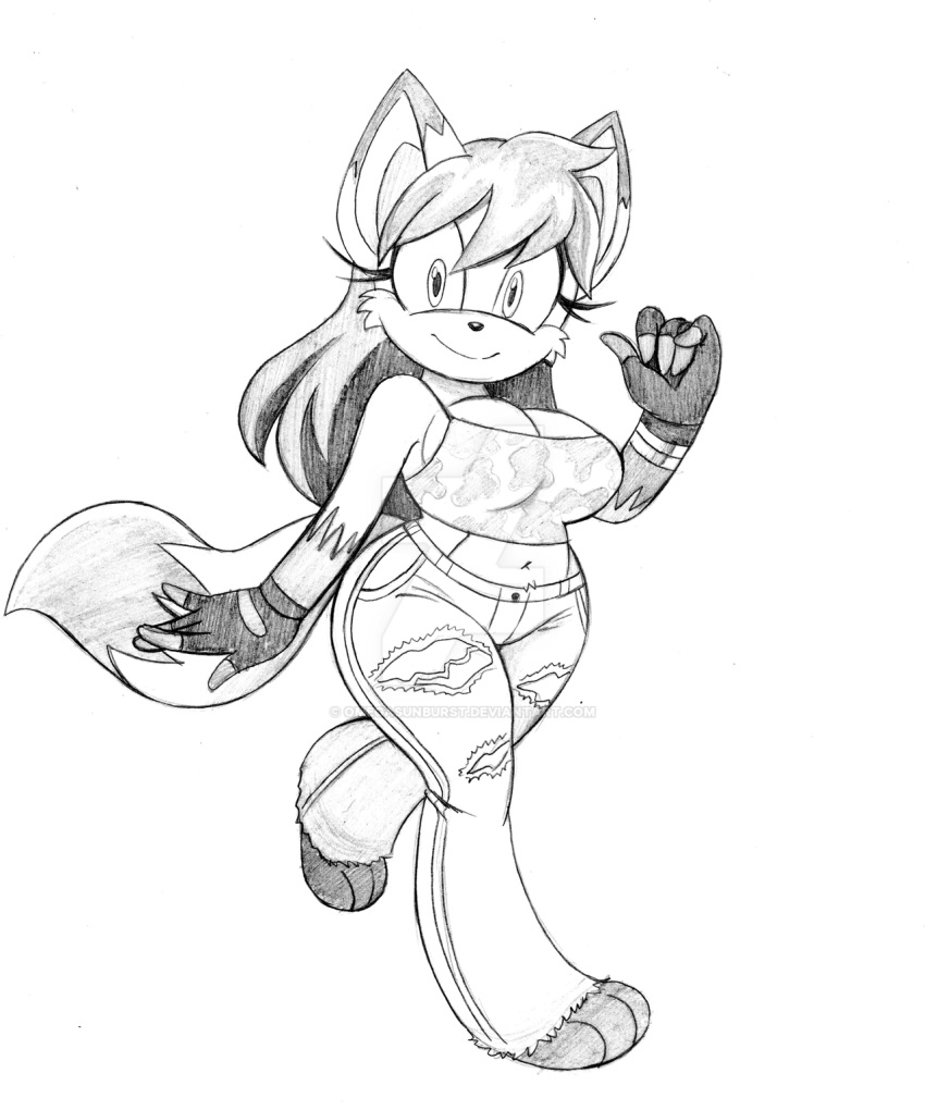 anthro barefoot big_breasts bottomwear breasts canid canine clothing crop_top denim denim_clothing dipstick_tail feet female fingerless_gloves fox gloves graphite_(artwork) greyscale handwear hi_res jeans looking_at_viewer mammal markings midriff monochrome multicolored_tail omegasunburst pants pencil_(artwork) shirt smile solo tail_markings topwear torn_bottomwear torn_clothing torn_pants traditional_media_(artwork) watermark