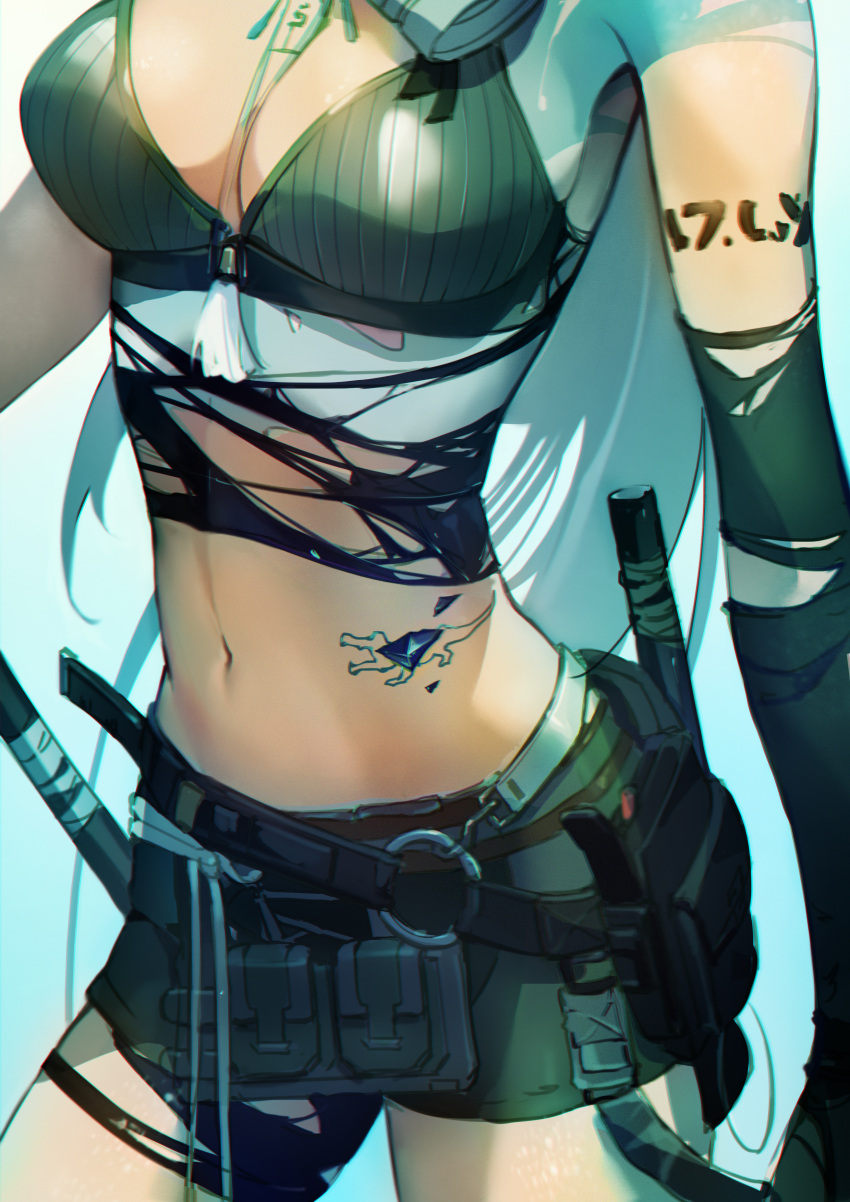 1girl absurdres arknights black_gloves black_shorts blue_background breasts bukui_shi_wo cleavage cowboy_shot elbow_gloves gavial_(arknights) gavial_the_invincible_(arknights) gloves head_out_of_frame highres holstered_weapon long_hair medium_breasts midriff navel official_alternate_costume oripathy_lesion_(arknights) shorts simple_background solo stomach_tattoo tattoo