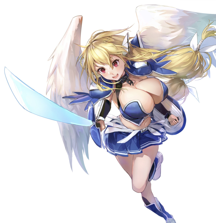 1girl angel angel_wings astraea blonde_hair boots breasts cleavage collar highres kuza_brs large_breasts long_hair low-tied_long_hair midriff navel open_mouth red_eyes shield solo sora_no_otoshimono sword very_long_hair weapon wings