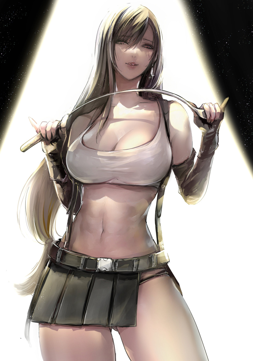 1girl absurdres ass_visible_through_thighs backlighting bangs belt black_gloves black_skirt breasts collarbone cowboy_shot crop_top elbow_gloves final_fantasy final_fantasy_vii final_fantasy_vii_remake fingerless_gloves gloves half-closed_eyes highres holding holding_whip large_breasts long_hair low-tied_long_hair midriff miniskirt navel red_eyes shoji_sakura skirt solo stomach suspender_skirt suspenders suspenders_gap swept_bangs tank_top thighs tifa_lockhart tongue tongue_out whip white_tank_top