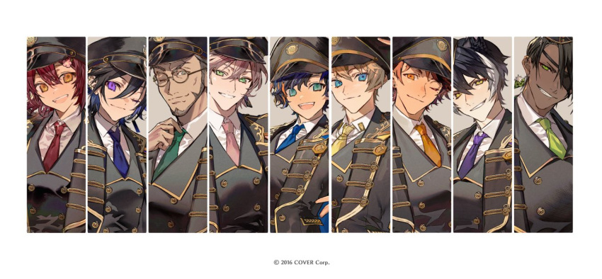 6+boys :d ;) adjusting_clothes adjusting_necktie alternate_costume animal_ears aqua_eyes aragami_oga arurandeisu astel_leda black_hair black_headwear black_jacket black_vest blonde_hair blue_eyes blue_hair blue_necktie border buttons collar_chain collared_shirt column_lineup copyright dark-skinned_male dark_skin double-breasted earrings everyone eyepatch garrison_cap glasses green_eyes green_necktie grey_background grey_hair grin hair_between_eyes hair_slicked_back hanasaki_miyabi hat holostars jackal_boy jackal_ears jacket jewelry kageyama_shien kanade_izuru kishido_temma lapel_pin male_focus mole mole_under_eye multicolored_hair multiple_boys necktie no_bangs nozaki_tsubata one_eye_closed orange_eyes orange_hair orange_necktie peaked_cap pink_hair pink_necktie purple_eyes purple_necktie red_hair red_necktie rikka_(holostars) round_eyewear shirt short_hair single_earring smile streaked_hair teeth two-tone_hair upper_body upper_teeth vest virtual_youtuber white_border white_hair white_shirt yellow_eyes yellow_necktie yukoku_roberu