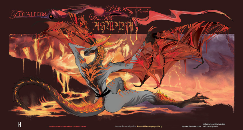 abstract_background anthro biceps black_body dragon female fire flesh grey_body hi_res horn hunavahn'szavkphiira hynvale lava looking_at_viewer mountain muscular_thighs orange_body pinup pose raised_tail solo spikes storm tail_motion tailwag text typography unique_colors url wings wyvern