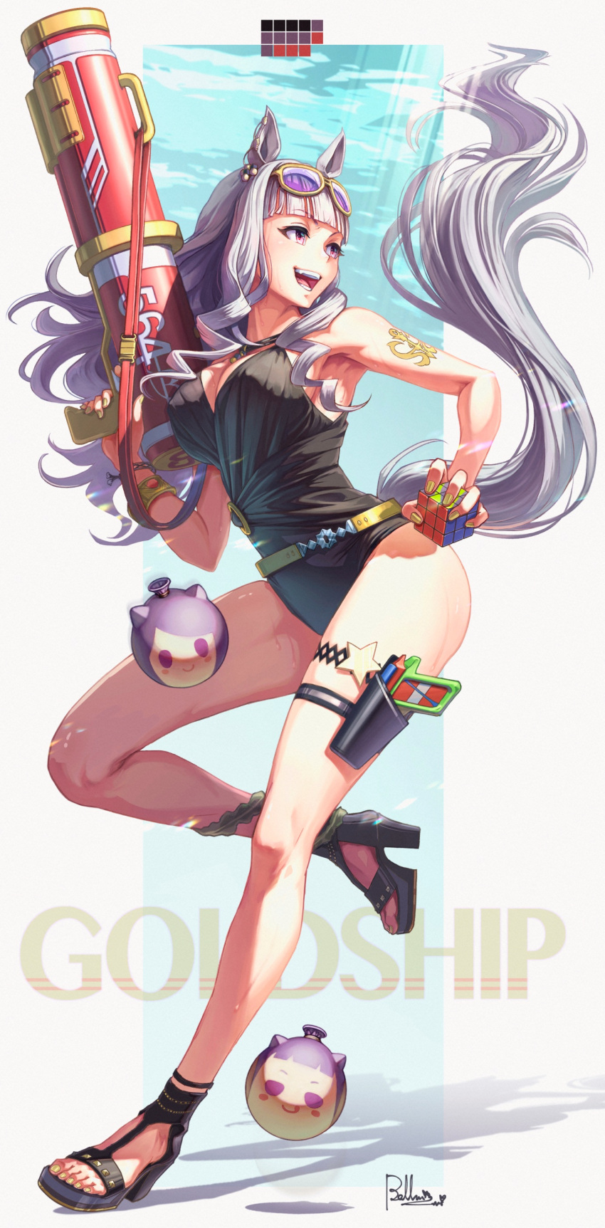 1girl :d absurdres animal_ears bangs bellni123 black_swimsuit breasts character_name cleavage earrings eyewear_on_head full_moon gold_ship_(run_revolt_launcher)_(umamusume) gold_ship_(umamusume) highres horse_ears horse_girl horse_tail jewelry long_hair moon nail_polish one-piece_swimsuit open_mouth purple_eyes purple_hair rubik's_cube sandals signature smile solo summer_uniform sunglasses swept_bangs swimsuit tail toes umamusume water_gun yellow_nails