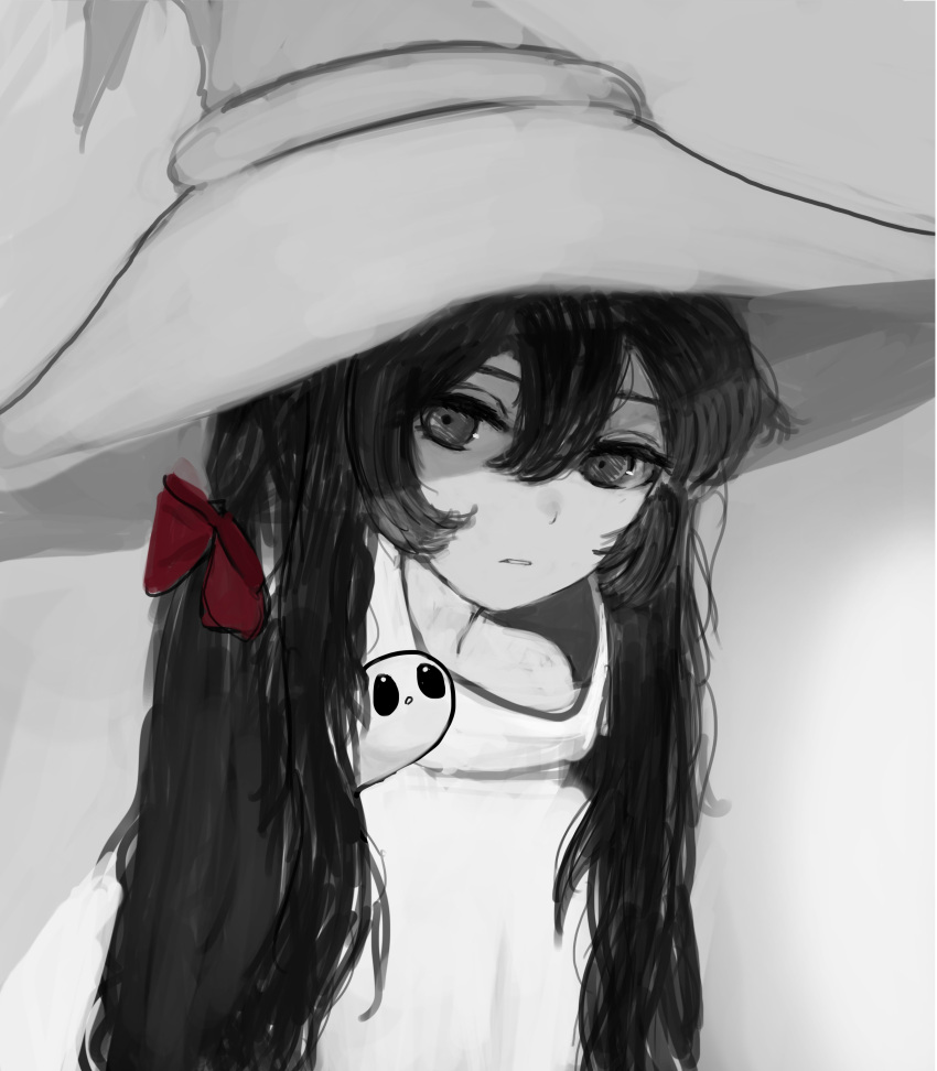 1girl absurdres black_eyes black_hair borrowed_character creature creature_on_shoulder dholewolf expressionless gregor_(tsurunoka) hair_between_eyes hair_ribbon hat highres lead_white_(tsurunoka) long_hair looking_at_viewer on_shoulder original red_ribbon ribbon shadow upper_body white_headwear witch_hat