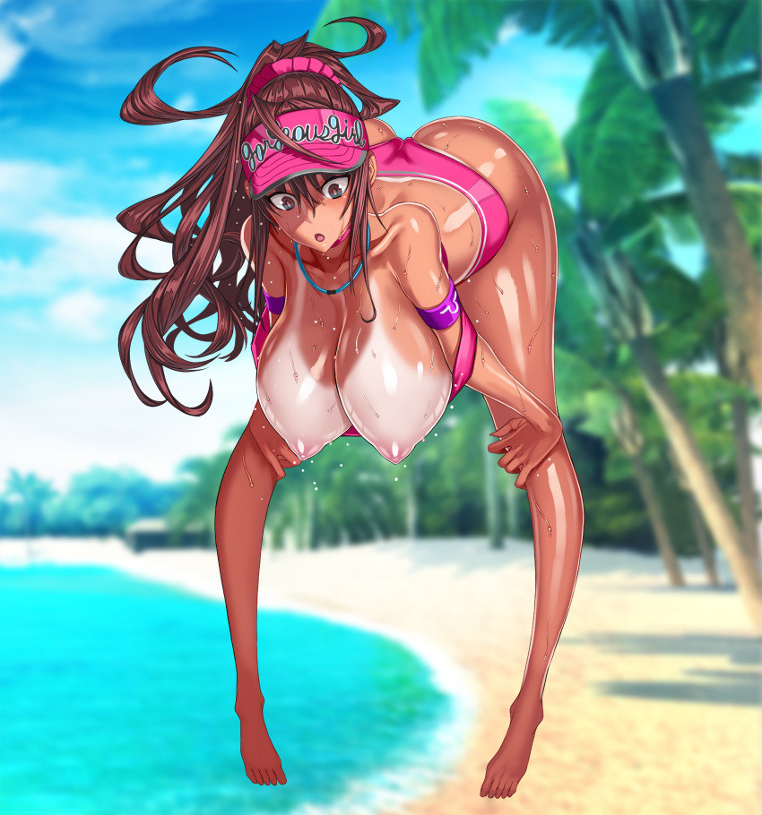 1girl absurdres ass beach black_hair breasts brown_eyes brown_hair feet highres honjou_raita kuramoto_erika large_breasts nipples non-web_source sand sky surprised thick_thighs thighs tree