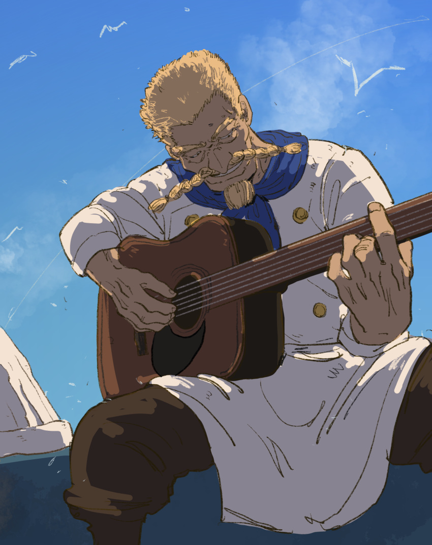 1boy bird blonde_hair braid braided_beard chef_hat chef_uniform facial_hair fengcheche guitar hat hat_removed headwear_removed highres instrument looking_down male_focus music mustache one_piece parted_lips playing_instrument red_shoes_zeff short_hair sitting sky smile