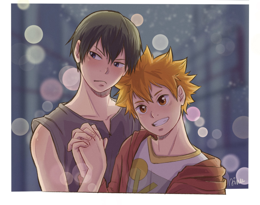 2boys ainudraws black_hair blue_eyes closed_mouth grey_tank_top haikyuu!! highres hinata_shouyou jacket kageyama_tobio male_focus multicolored_hair multiple_boys orange_eyes orange_hair red_jacket shirt smile streaked_hair tank_top teeth white_shirt