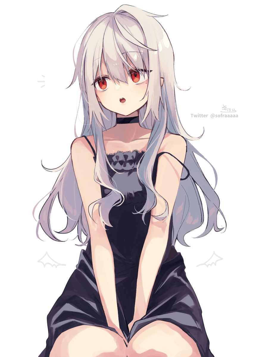 1girl :o bangs bare_arms bare_shoulders between_legs black_choker black_dress choker collarbone commentary_request dress genderswap genderswap_(mtf) grey_hair hair_between_eyes hand_between_legs highres kuzuha_(nijisanji) long_hair looking_away looking_to_the_side nijisanji open_mouth pointy_ears red_eyes signature simple_background sitting sleeveless sleeveless_dress sofra solo strap_slip teeth twitter_username upper_teeth very_long_hair virtual_youtuber white_background