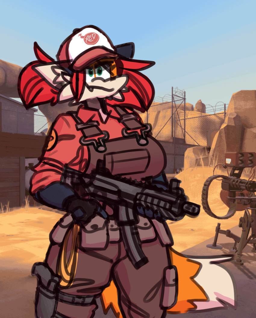 anthro canid canine clothing cute_fangs edit engineer_(team_fortress_2) female fox gun hair handgun hat headgear headwear hi_res mammal pepper_(sketchytoasty) pistol ranged_weapon red_hair screencap screencap_background sentry_gun_(team_fortress_2) shirt sketchytoasty solo team_fortress_2 tool_belt topwear uniform valve video_games weapon