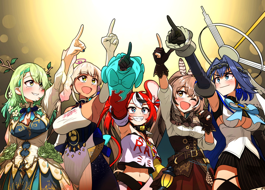 5girls :d ;d ahoge animal_ears anniversary bangs belt black_hair blue_eyes blue_hair blue_leotard blue_ribbon blurry bokeh braid braided_bangs brown_capelet brown_cloak brown_eyes brown_hair capelet ceres_fauna cloak clothing_cutout commentary_request crop_top dagger dark-skinned_female dark_skin ddolbang depth_of_field detached_sleeves dress english_commentary feather_hair_ornament feathers flower gloves green_hair grin hair_flower hair_intakes hair_ornament hair_over_one_eye hairclip hakos_baelz halter_top halterneck head_chain highres holocouncil hololive hololive_english knife korean_commentary lantern leotard limiter_(tsukumo_sana) long_hair mechanical_halo mixed-language_commentary mole mole_under_eye mouse_ears mouse_tail multicolored_hair multiple_girls nanashi_mumei one_eye_closed ouro_kronii partially_fingerless_gloves pinstripe_pattern pleated_skirt pointing pointing_up ponytail pouch red_hair red_skirt ribbon sailor_collar sharp_teeth shirt short_hair skirt smile streaked_hair striped tail teeth tsukumo_sana turtleneck underboob_cutout very_long_hair virtual_youtuber weapon white_hair white_shirt