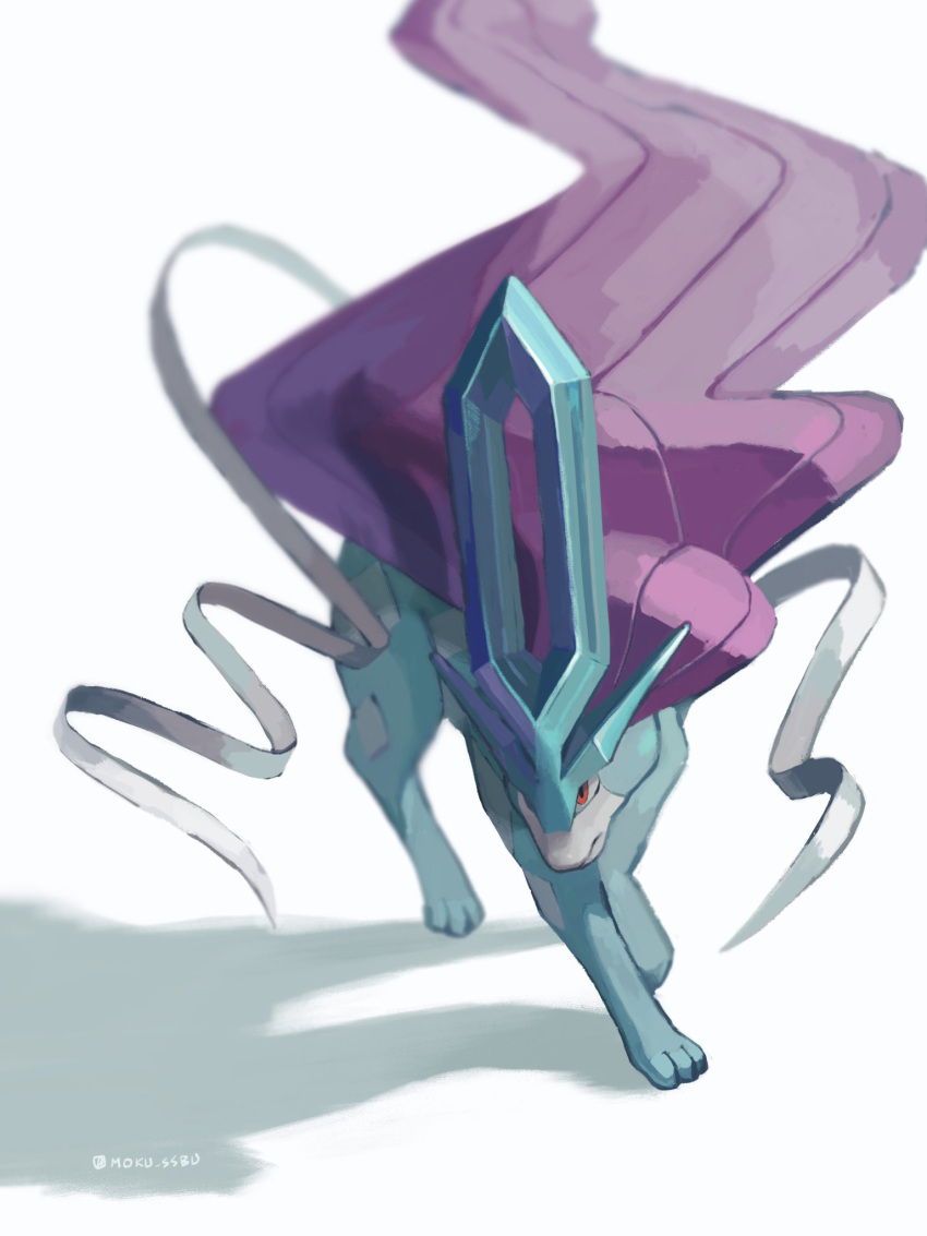 blurry closed_mouth commentary highres looking_down mokuzou_(moku_ssbu) no_humans pokemon pokemon_(creature) red_eyes solo standing suicune symbol-only_commentary twitter_username white_background