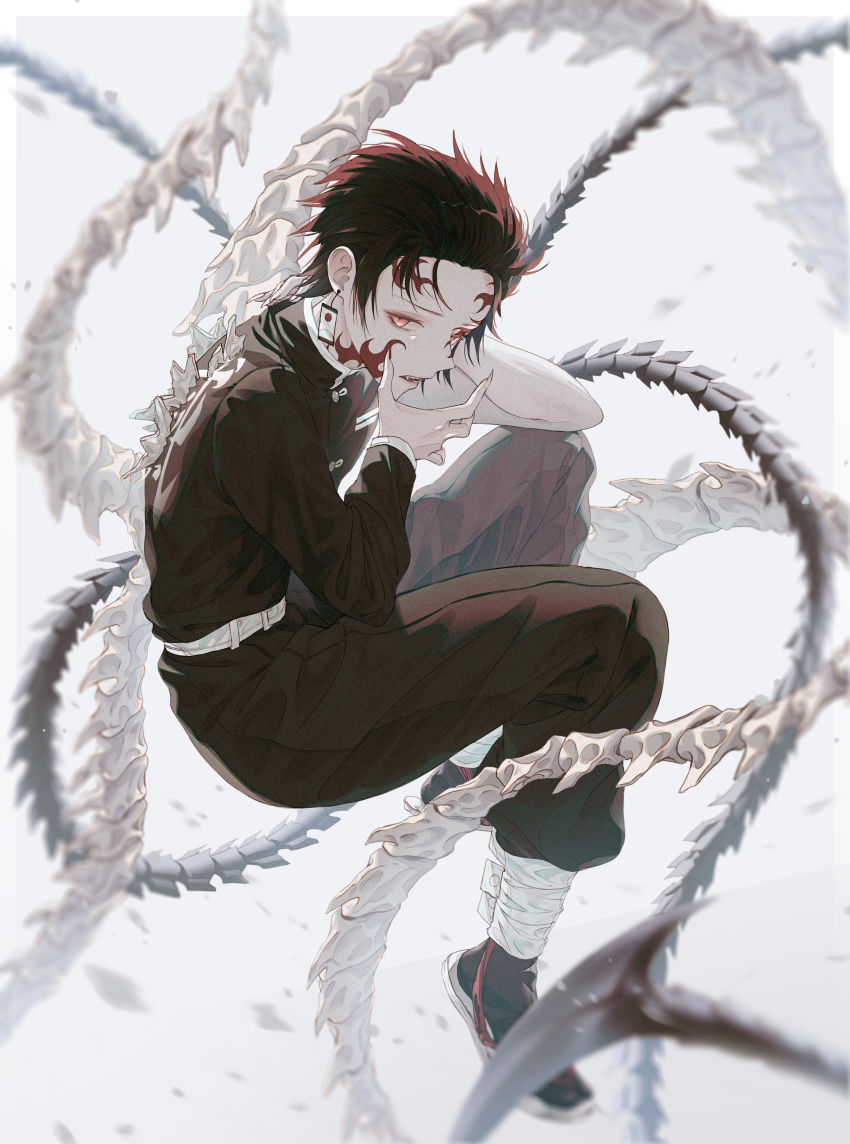 1boy absurdres belt black_hair black_jacket black_pants bone clothes_writing commentary demon_boy demon_slayer_uniform earrings english_commentary eyeliner facial_mark fang fingernails floating from_side full_body grey_background hands_up highres jacket jewelry kamado_tanjirou kimetsu_no_yaiba leg_wrap long_sleeves looking_at_viewer looking_to_the_side makeup motion_blur no_coat orange_eyes pale_skin pants parted_lips polaris100705 red_hair sandals scar scar_on_face scar_on_forehead shards sharp_fingernails short_hair single_sleeve spoilers tabi tentacles