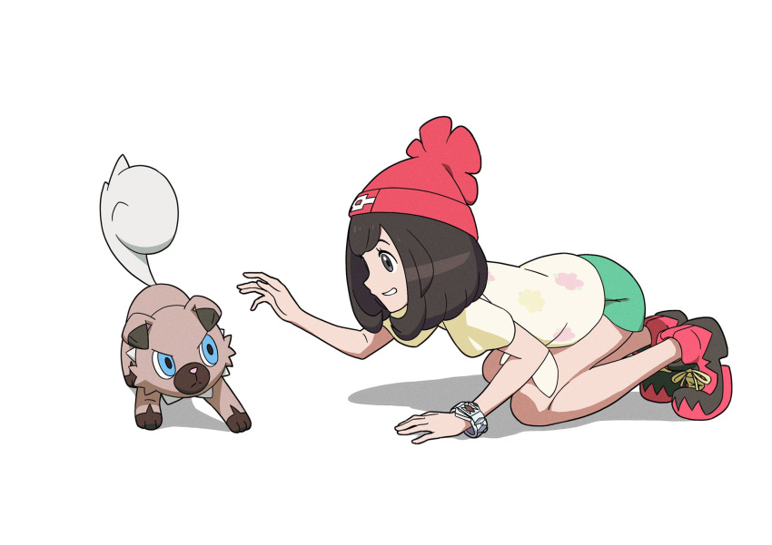 1girl all_fours bare_legs beanie bracelet commentary_request floral_print green_shorts hat highres ia_(ilwmael9) jewelry pokemon pokemon_(creature) pokemon_(game) pokemon_sm red_headwear rockruff selene_(pokemon) shirt shoes short_shorts short_sleeves shorts simple_background smile sneakers t-shirt white_background z-ring