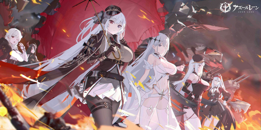 6+girls absurdres artillery azur_lane banxuan_c2ka beret black_coat black_corset black_gloves black_hair black_headwear blue_eyes breast_pocket breasts brown_pantyhose cleavage cleavage_cutout clothing_cutout coat coat_on_shoulders collared_shirt corset covered_navel cross detached_collar detached_sleeves dress drill_locks elbing_(azur_lane) emden_(azur_lane) epaulettes fire fishnet_thighhighs fishnets flower flower_eyepatch framed_breasts friedrich_der_grosse_(azur_lane) gloves grey_shirt hair_over_one_eye half_gloves hat heterochromia highres holding holding_toy holding_umbrella horns huge_breasts iron_cross large_breasts long_hair long_sleeves looking_at_viewer looking_away lutzow_(azur_lane) mechanical_horns military military_hat military_uniform miniskirt multicolored_hair multiple_girls necktie official_art one_eye_closed pantyhose peaked_cap pink_hair pleated_skirt pocket puffy_sleeves red_eyes red_horns red_umbrella revealing_clothes rigging see-through seydlitz_(azur_lane) shirt short_necktie side_slit skirt streaked_hair stuffed_toy thigh_strap thighhighs thueringen_(azur_lane) toy turret two-tone_hair umbrella underbust uniform very_long_hair white_dress white_flower white_gloves white_hair white_shirt white_skirt white_thighhighs yellow_eyes yorck_(azur_lane)